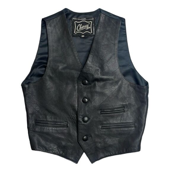 90s Vintage Black Leather Vest Top Button Front Size 38 / Medium Cherry Brand - Picture 1 of 7